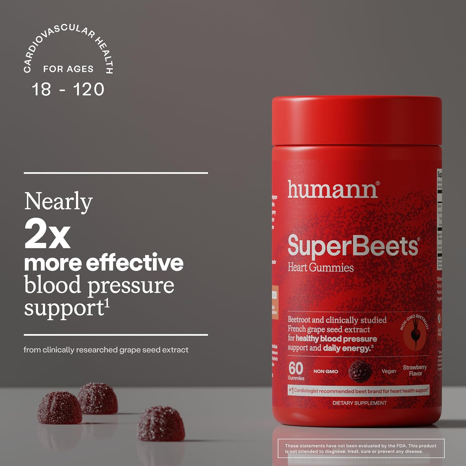Humann SuperBeets Strawberry Heart Gummies - Beetroot & Grape Seed Extract, 60 Count