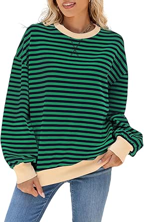Women Striped Oversized Sweatshirt Crewneck Hoodies Long Sleeve Shirts 2024 Fall Pullover Tops Trendy Fashion Clothes