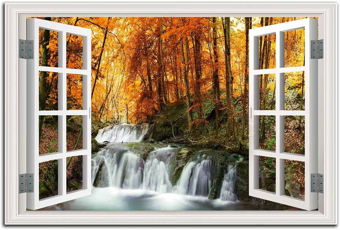 Window Frame Style Waterfall Wall Art Nature Landscape Canvas Wall Decor Contemporary Autumn Landscape Painting Artwork Red Tree Forest Steam Rock Picture for Living Room Framed Ready to Hang