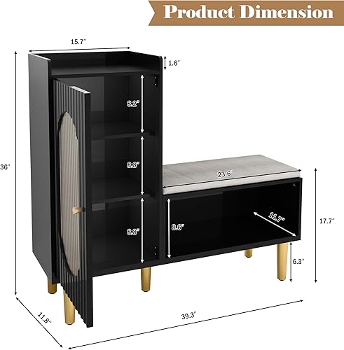 Vista 2 de HLR Storage Bench with Glass Door&Shelf, Modern Entryway Shoe Cabinet Bench with Padded Seat, L-Shaped Storage Cabinet for Hallway, Bedroom, Living