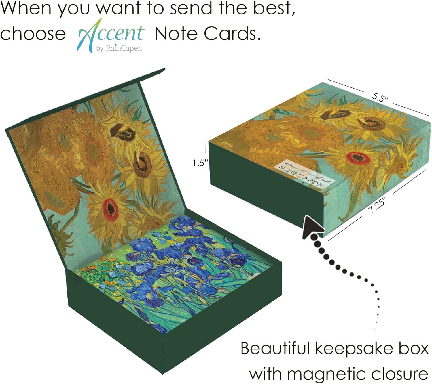 RainCaper Fine Art Keepsake 5x7 Blank Stationery van Gogh Greeting Note Cards With Decorative Envelopes, Gift Boxed Set of 16 | 300 GSM Cardstock (van Gogh Flowers)