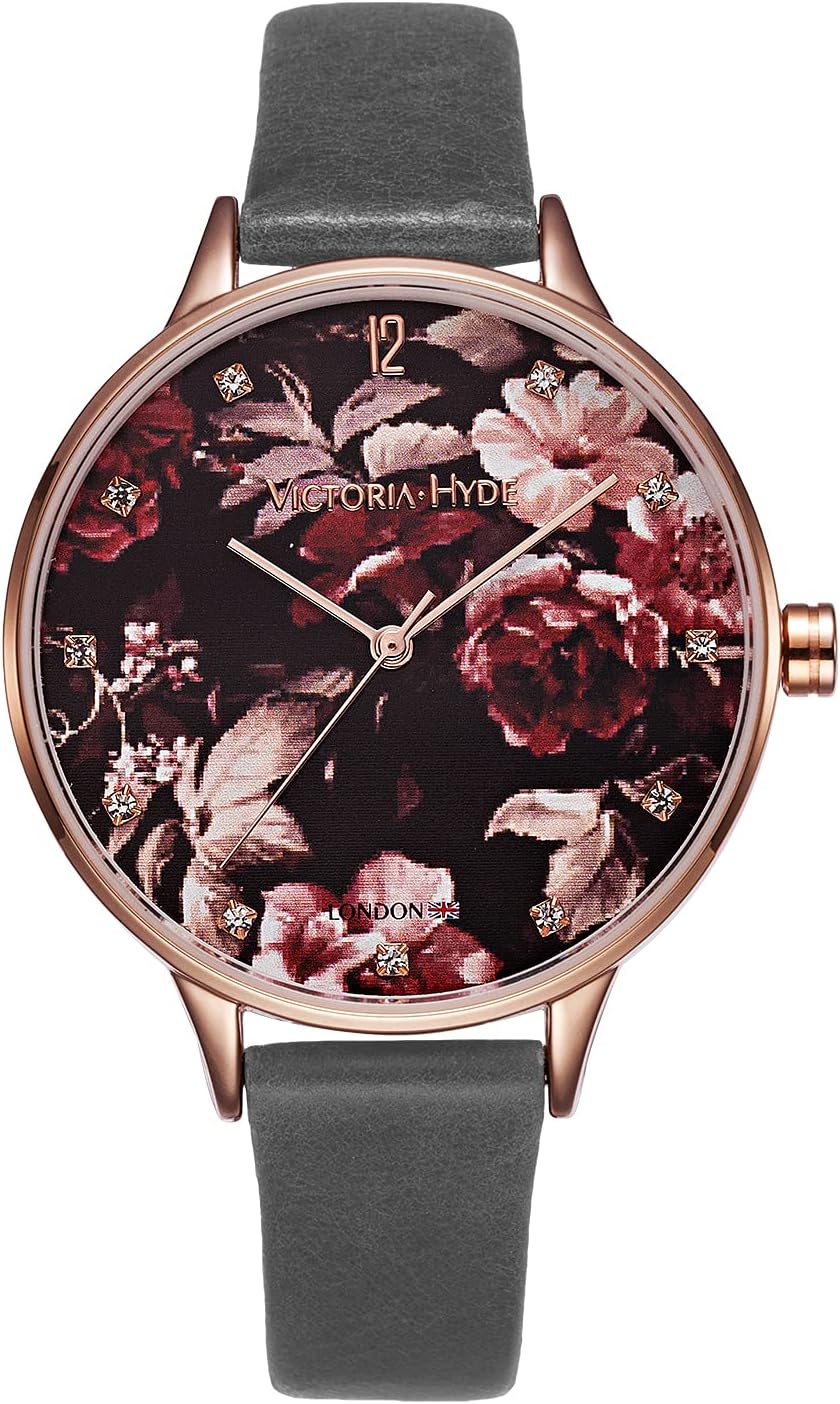 VICTORIA HYDEAnalog Quartz Watches for Women Casual Floral Pattern Dial Fashion Wristwatch with Genuine Leather Strap Black Red Grey