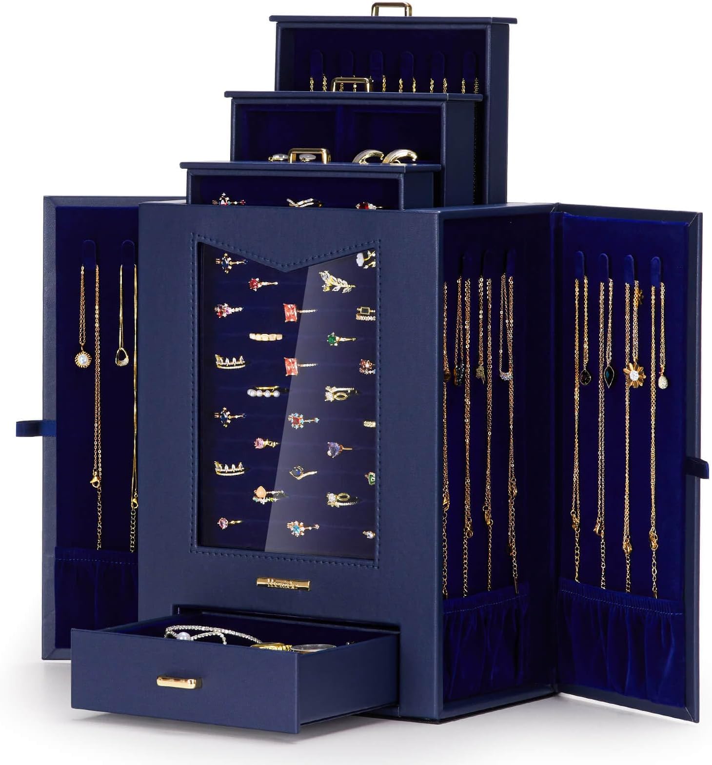 HomdeJewelry Organizer with Transparent Window Necklace Hooks Gift for Women Jewelry Box Display Case for Necklaces Rings Earrings Bracelets and Other Jewelry Accessories (Dark Blue)