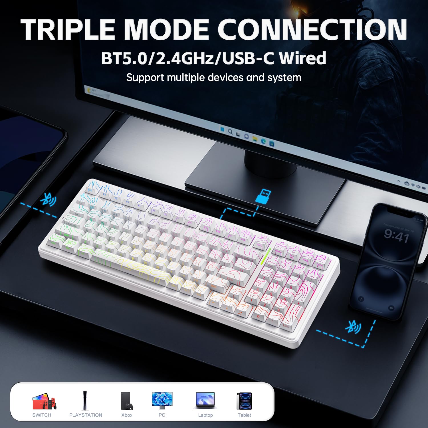Aula F99 - Tastiera meccanica wireless, Tri-Mode BT5.0/2,4 GHz/USB-C, tastiera cremosa con funzione hot swap, interruttori lineari pre-lubrificati, tastiere da gioco retroilluminate RGB per PC, tablet
