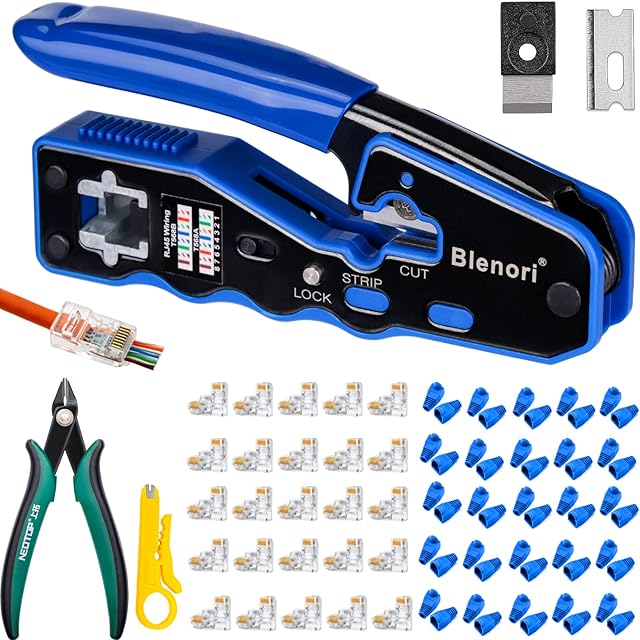 Blenori Pass Through RJ45 Crimp Tool - Cat6 Crimping Tool Ethernet RJ45 Crimper with 50PCS Cat5e Cat6 Connectors, 50PCS Covers