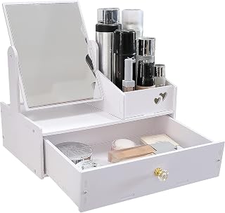 LEcylankEr Cosmetic Organizer, Vanity Table Organizer with Mirror, White Desktop Cosmetic Organizer, White Makeup Storage with Drawer for Dresser/Bedroom/Bathroom (Square Mirror)