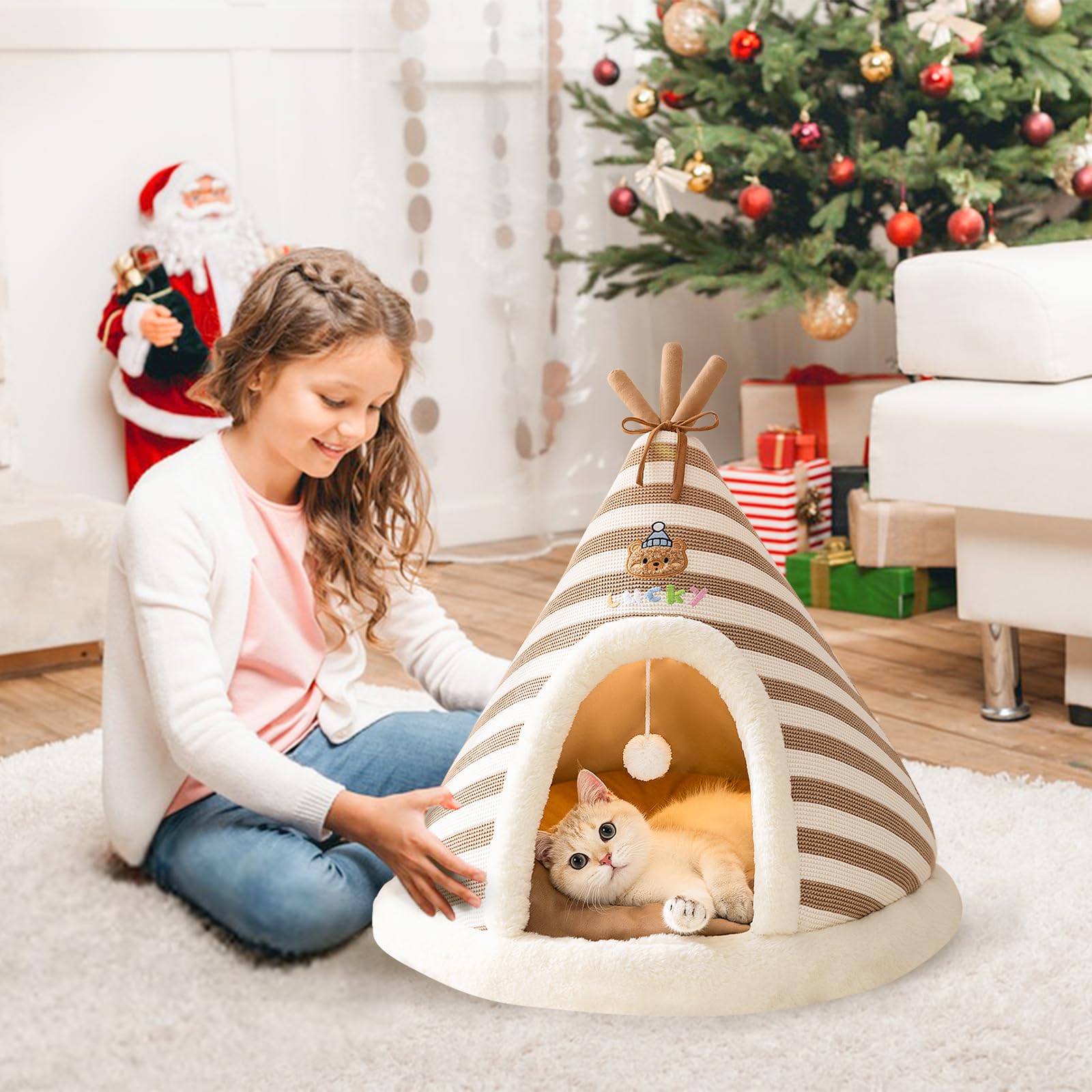 Galatée Cuccia Per Gatti, Graziosa Cuccia Per Gatti e Cani a Forma Di Igloo Con Cuscino Rimovibile, Comoda Tenda Triangolare Per Animali Domestici, Caldo Nido Per Animali Domestici(XL, Marrone)