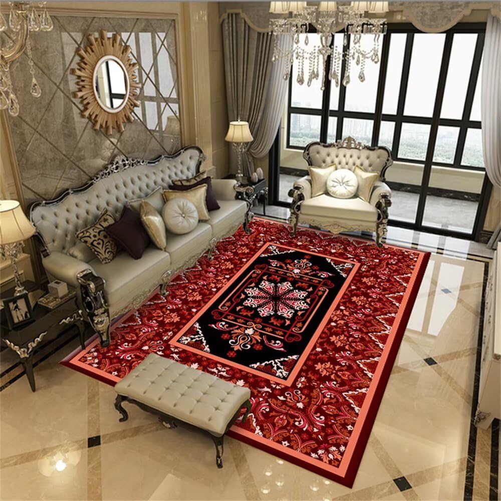 Tapis salon lavable 170x200 cm rouge motif floral fini les taches au sol