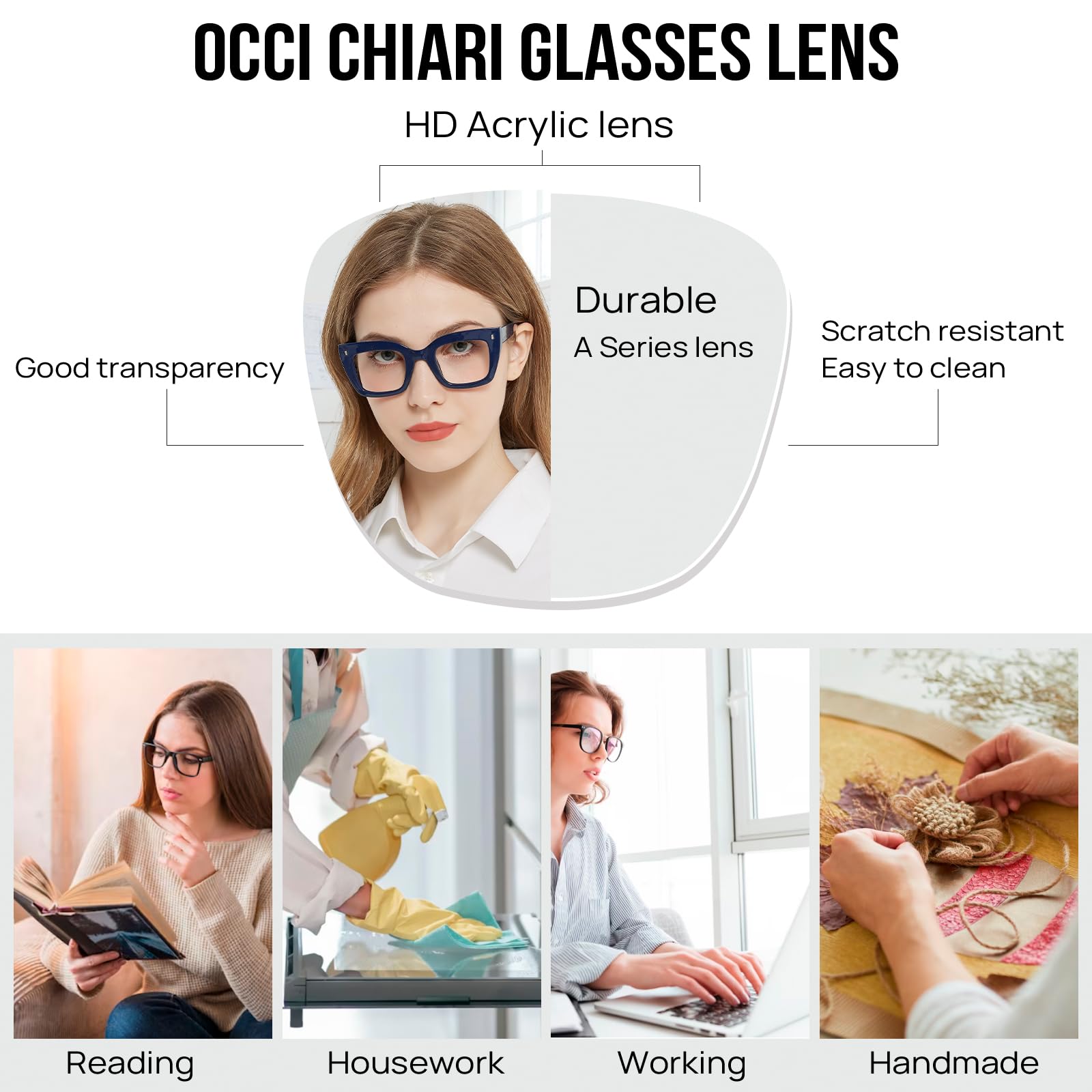 OCCI CHIARI Oversized Women's Reading Glasses 0.0, Thick Frame Blue Light Blocking Glasses for Women Spring Hinge (Blue) - Image 3