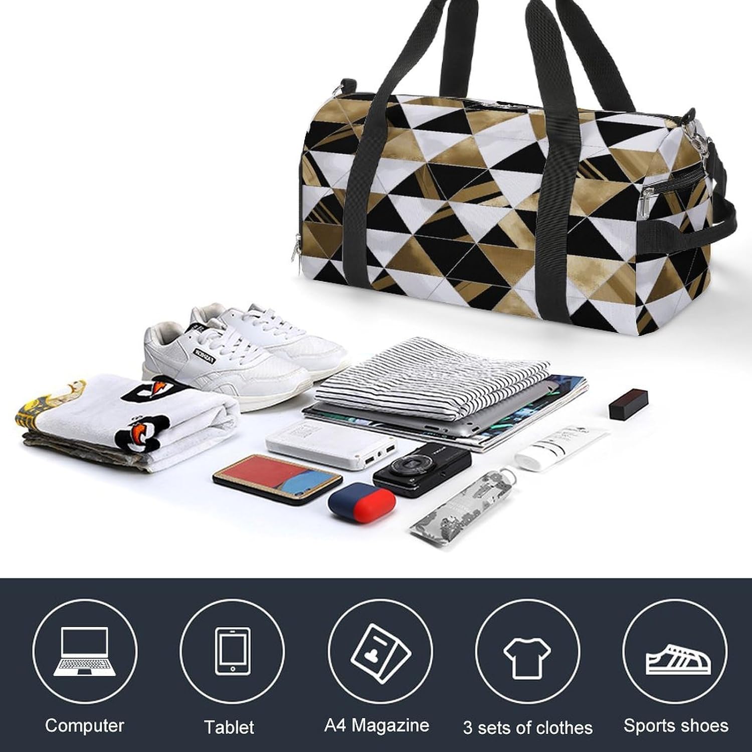 Fashion Modern Gold Triangles Gym Bag Duffle Bag Travel Bag image 4