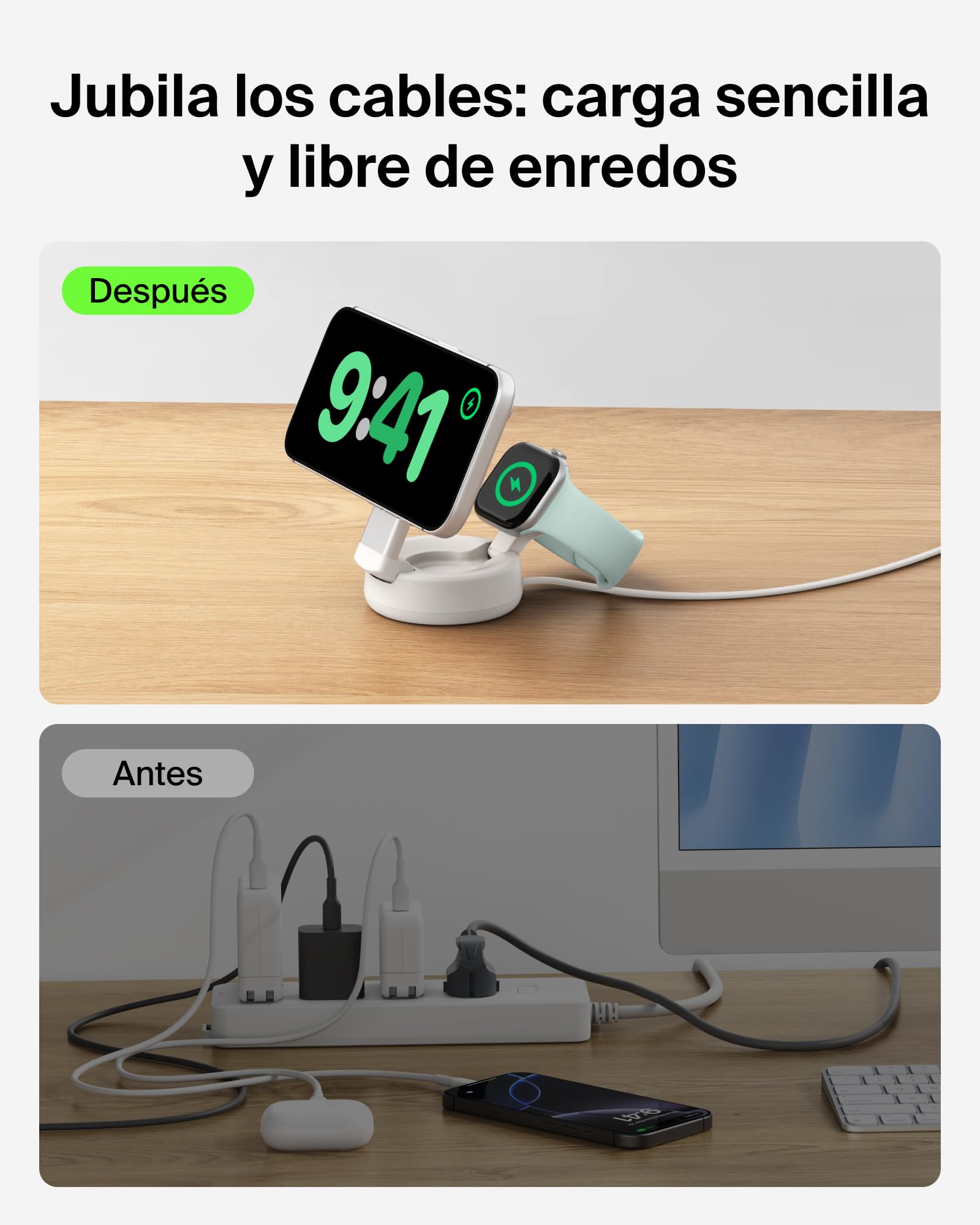 Belkin UltraCharge Pro Cargador Inalámbrico Magnético 2 en 1 Qi2 25W Arena | Convertible, Estación Magnética Carga Inalámbrica MagSafe, Certificación Qi2.2, iPhone, Apple Watch y Cascos, Adaptador 45W