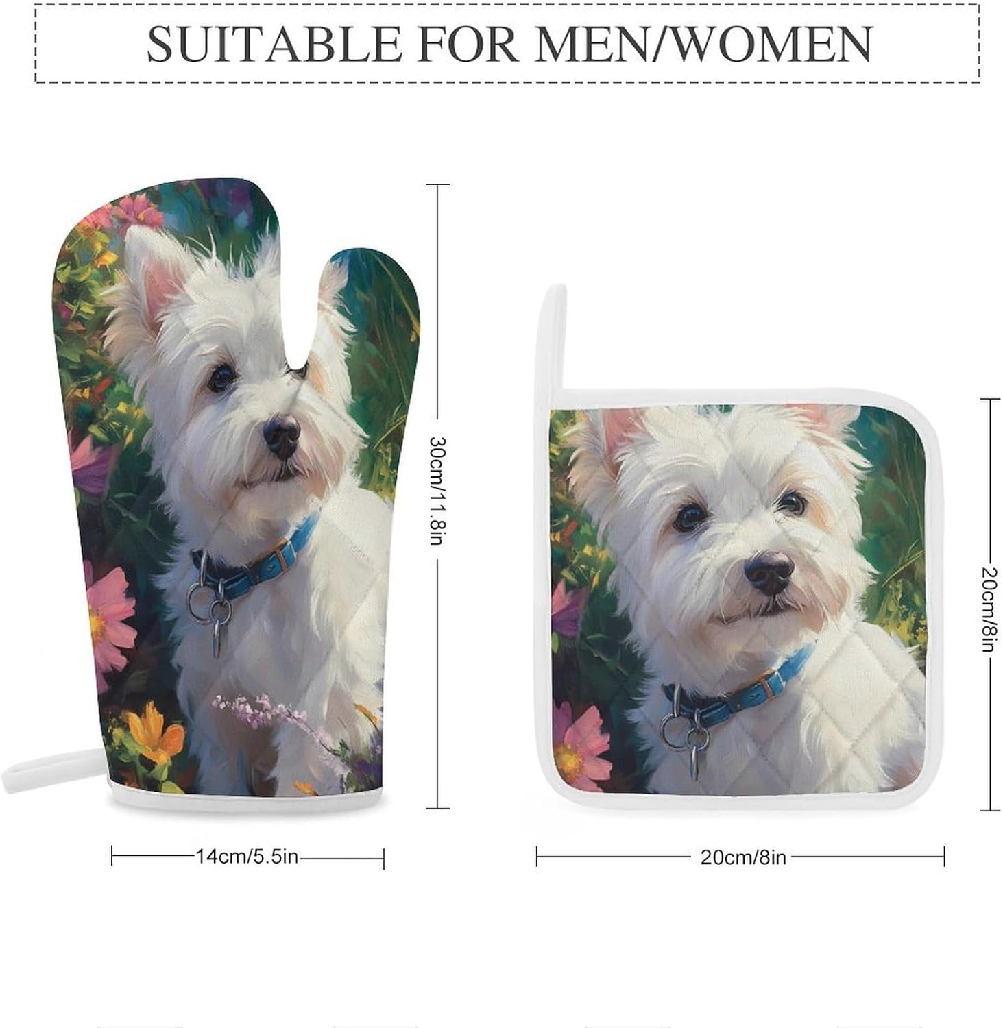 West Highland Terrier in The Garden Oven Mitts and Pot Holders 4Pcs Set Heat Resistant Cooking Mitts Hot Pads