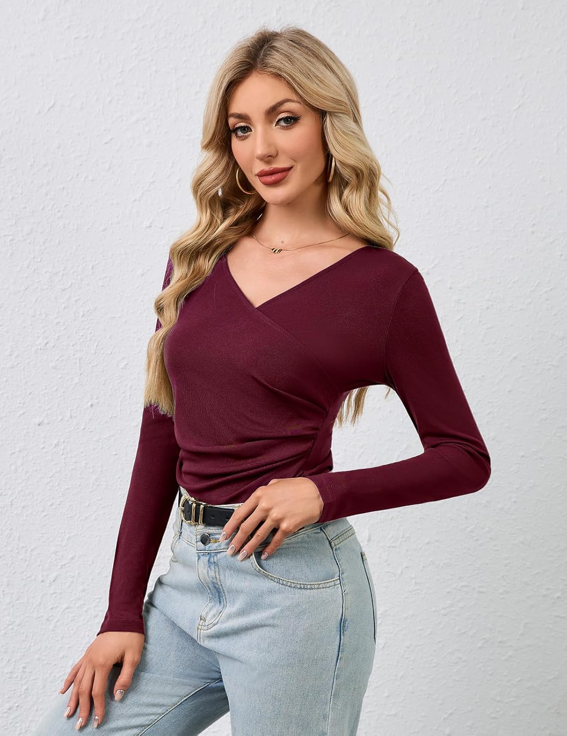 Meetjen Women's Long Sleeve Tops Slim Fitted V Neck Wrap Ruched Going Out Top 2025 Casual Tee Shirt Trendy Fall Blouse - Image 6
