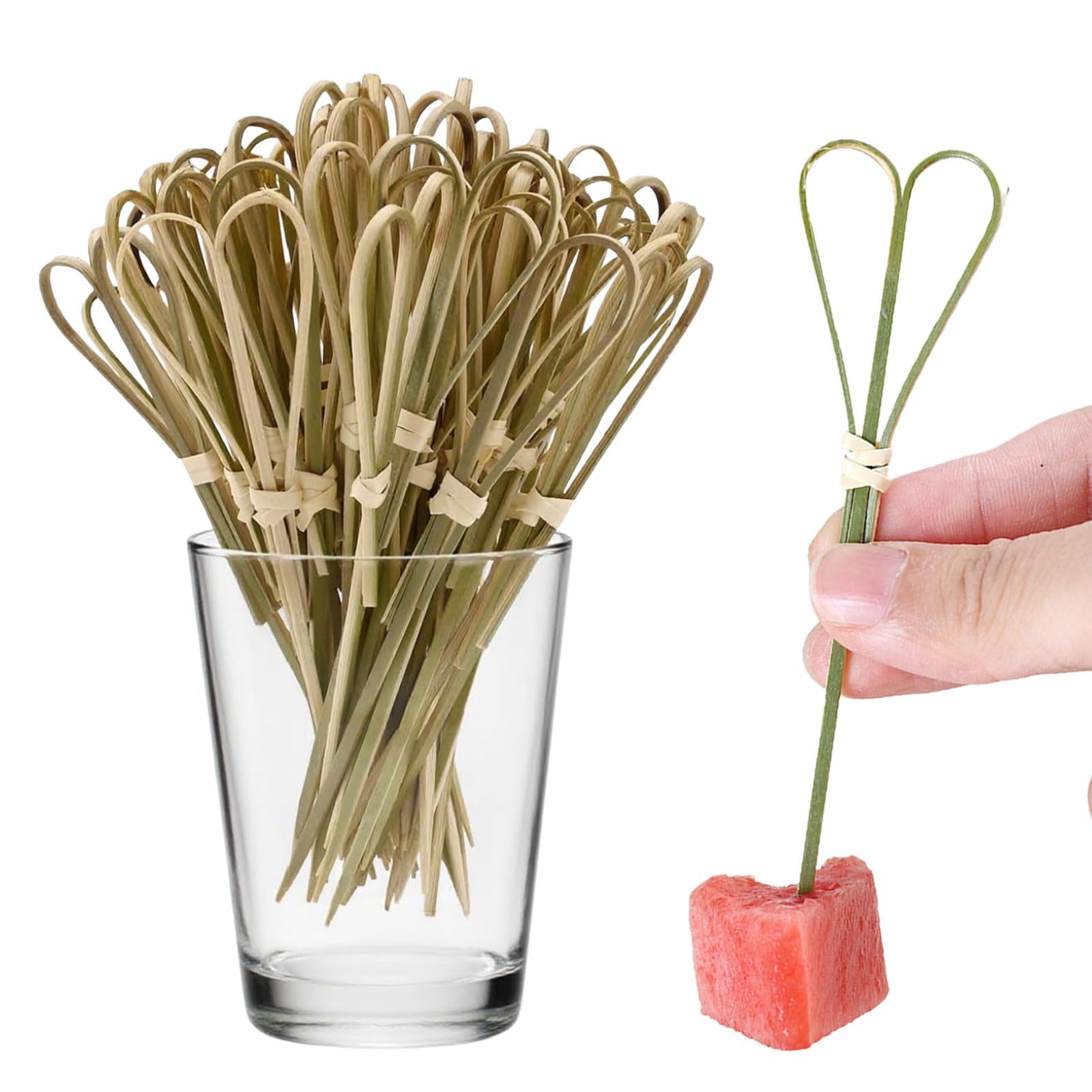 100PCS Bamboos Cocktail Picks,Heart Shape Bamboo Skewers for Appetizers, Cocktail Toothpicks, Handmade Knot Bamboo Toothpicks Cocktail Skewers,BBQ Accessories,Fruit Pick Sticks(4.7 Inch)