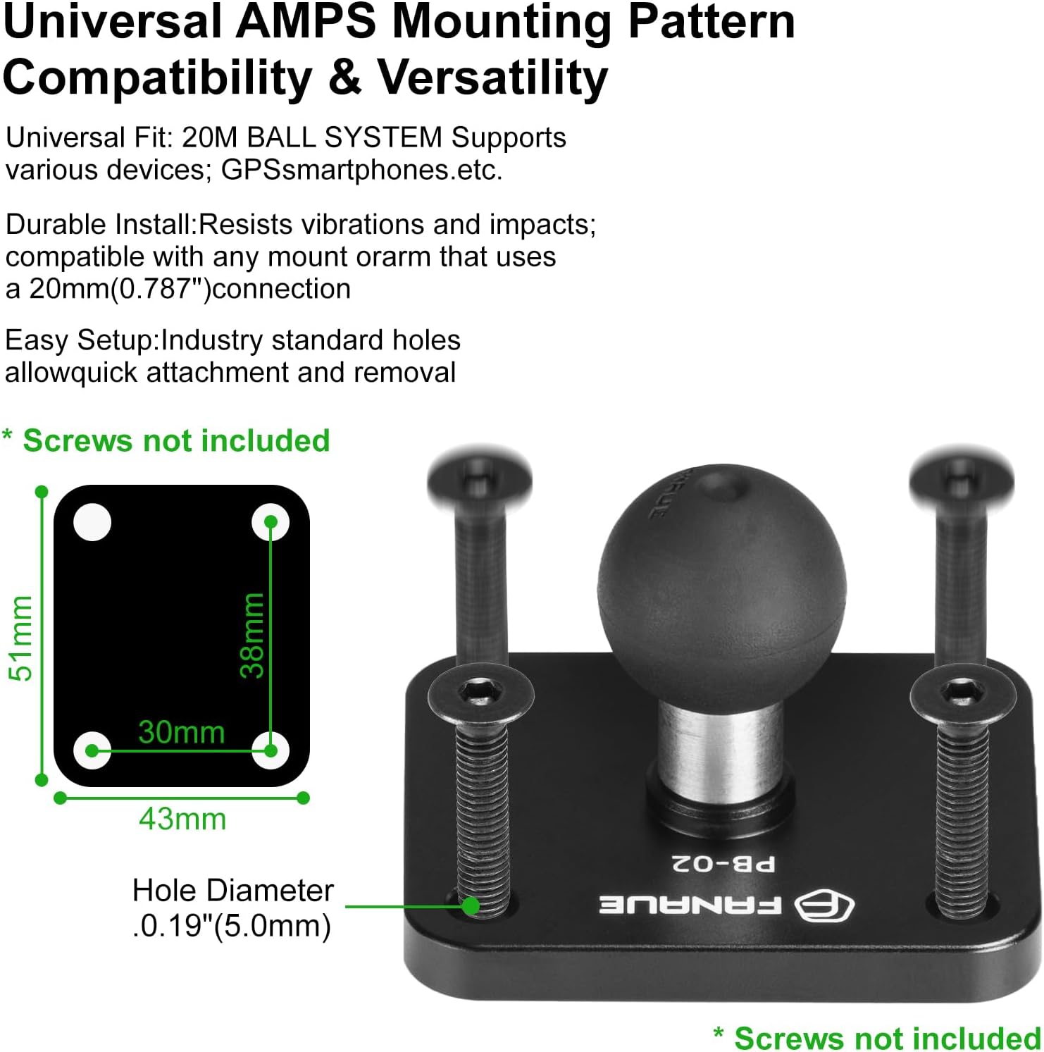 FANAUE Aluminum 4-Hole AMPS Base Mount with 20mm (0.787 inches) Mounting Ball for 20mm Ball Mount arm