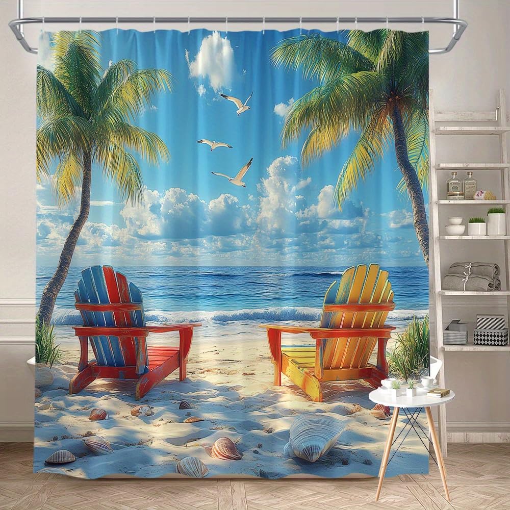 Glwdmb S-16 1 Piece 150X180cm Tropical Beach Scene Printed Shower Curtain With Hook, Polyester, For Windows And Walls, Bathtub, Bathroom, Machine Washable, All Season Universal