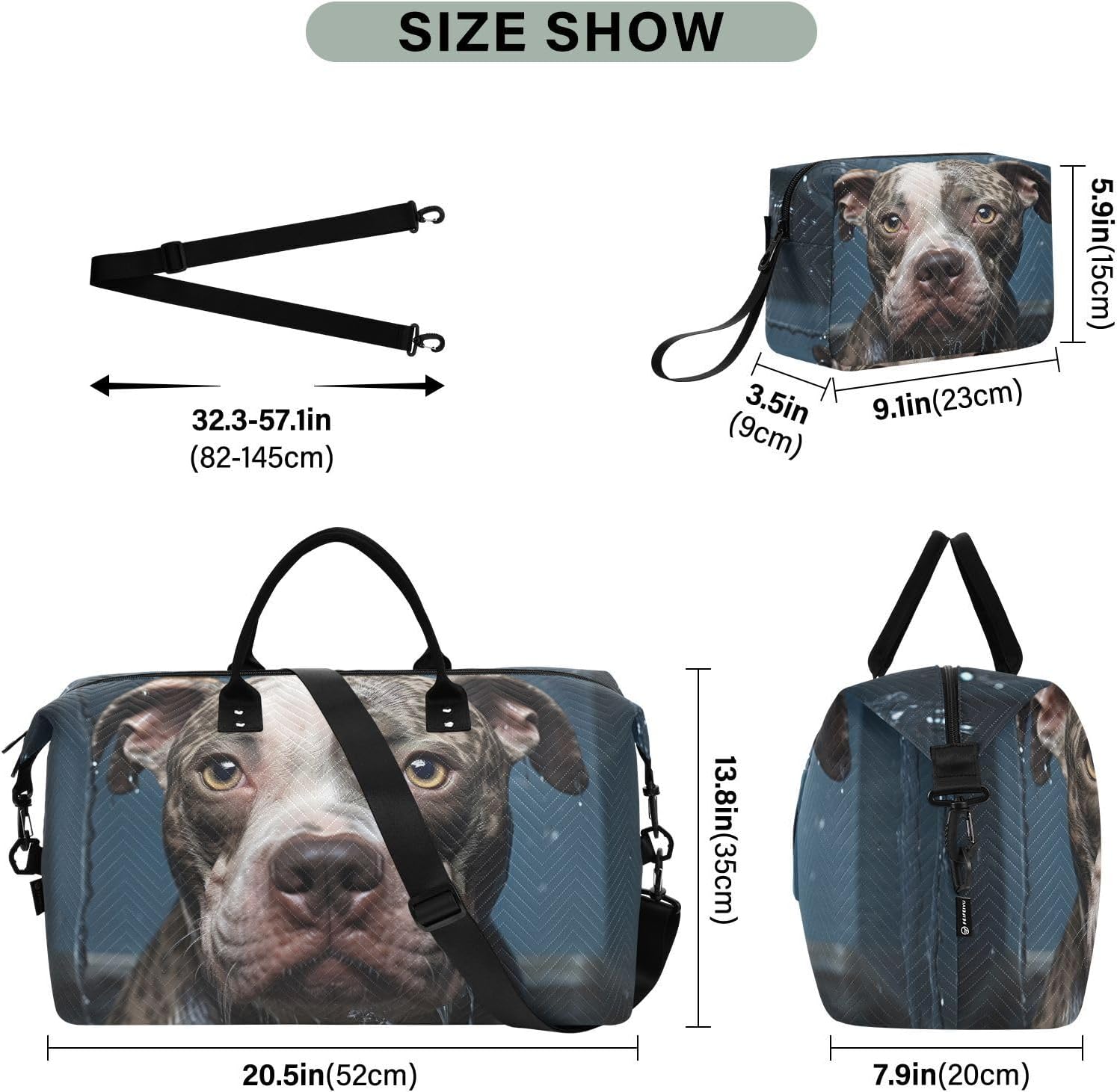 Travel Duffel Bag Pitbull Dog Bath Gym Bag Sports Tote Bag with Multiple Interior Pockets Shoulder Weekender Bag for Women Men with Toiletry Bag 20.5”x 7.9”x 13.8