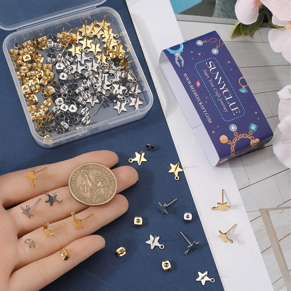 SUNNYCLUE 1 Box 60Pcs Star Earrings Post Earring Posts with Loop & 80Pcs Stainless Steel Ear Backs Real 18k Gold Plated Five Pointed Stars Earring Studs Findings for Jewelry Making Supplies DIY Craft image 3
