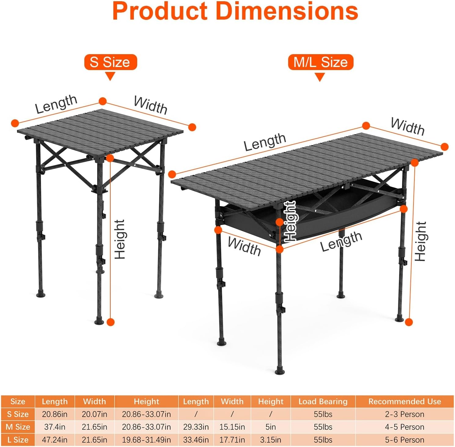 KOCASO Height Adjustable Camping Table - Portable Folding Table with Carry Bag, Rustproof Carbon Steel Collapsible Outdoor Desk for Picnic, BBQ, Hiking, Beach, 55LBS Max Load，Size S