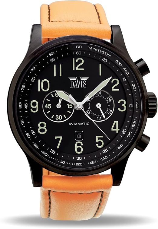 Davis –0452O- Orologio Uomo Nero Aviatore 48 mm - Cronografo Stagno 50 M –  Cassa Nera -Cinturino Lorica Arancione : Amazon.it: Orologi