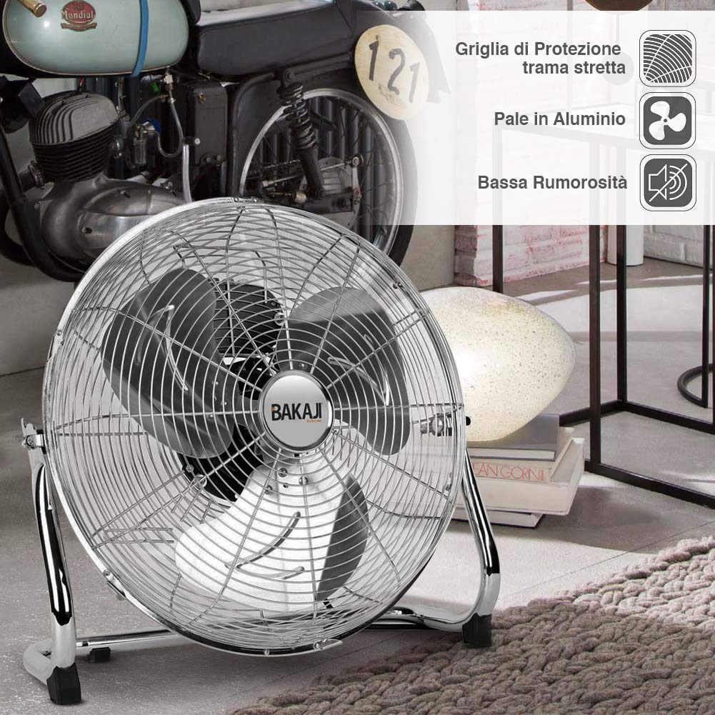 BAKAJI Ventilatore Da Terra In Metallo Potenza 100 Watt Con Pale 50 cm in Alluminio Inclinabili e Motore a 3 Velocità