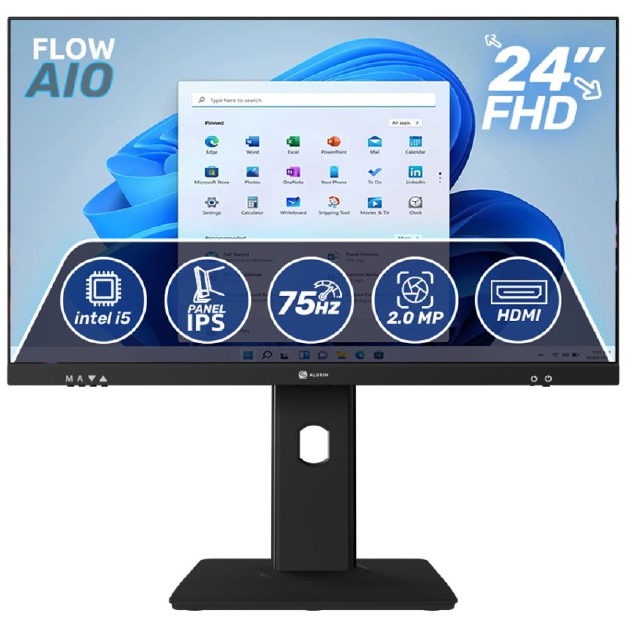 Alurin Flow PC All in One, Intel Core i5-12400, 16GB RAM DDR4, 1TB SSD, 24” Full HD IPS 75Hz, Windows 11 Home, Altura Regulable, USB-C, HDMI, Diseño Todo en uno para Trabajo y Ocio
