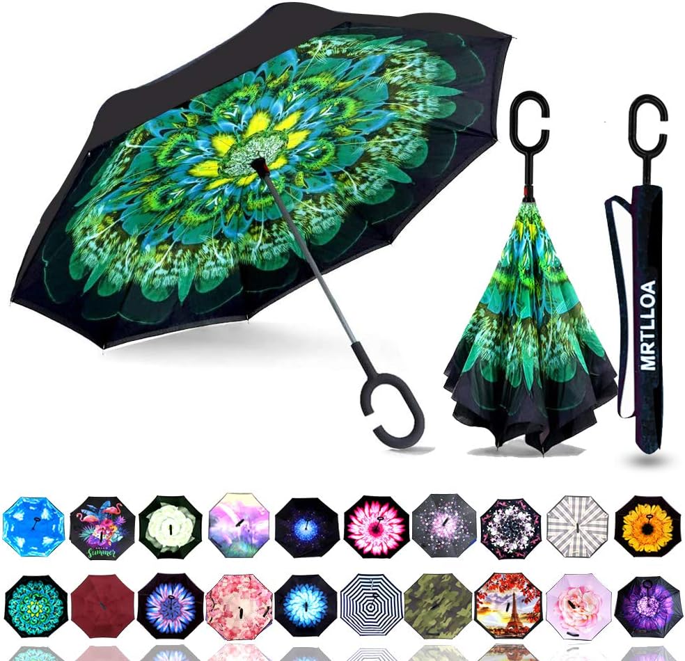 40/49/56 Inch Oversize Windproof Inverted Reverse Upside Down Umbrella, Golf Size Rain Umbrella, Double Layer, C-Shaped Handle for Men, Women and Kids