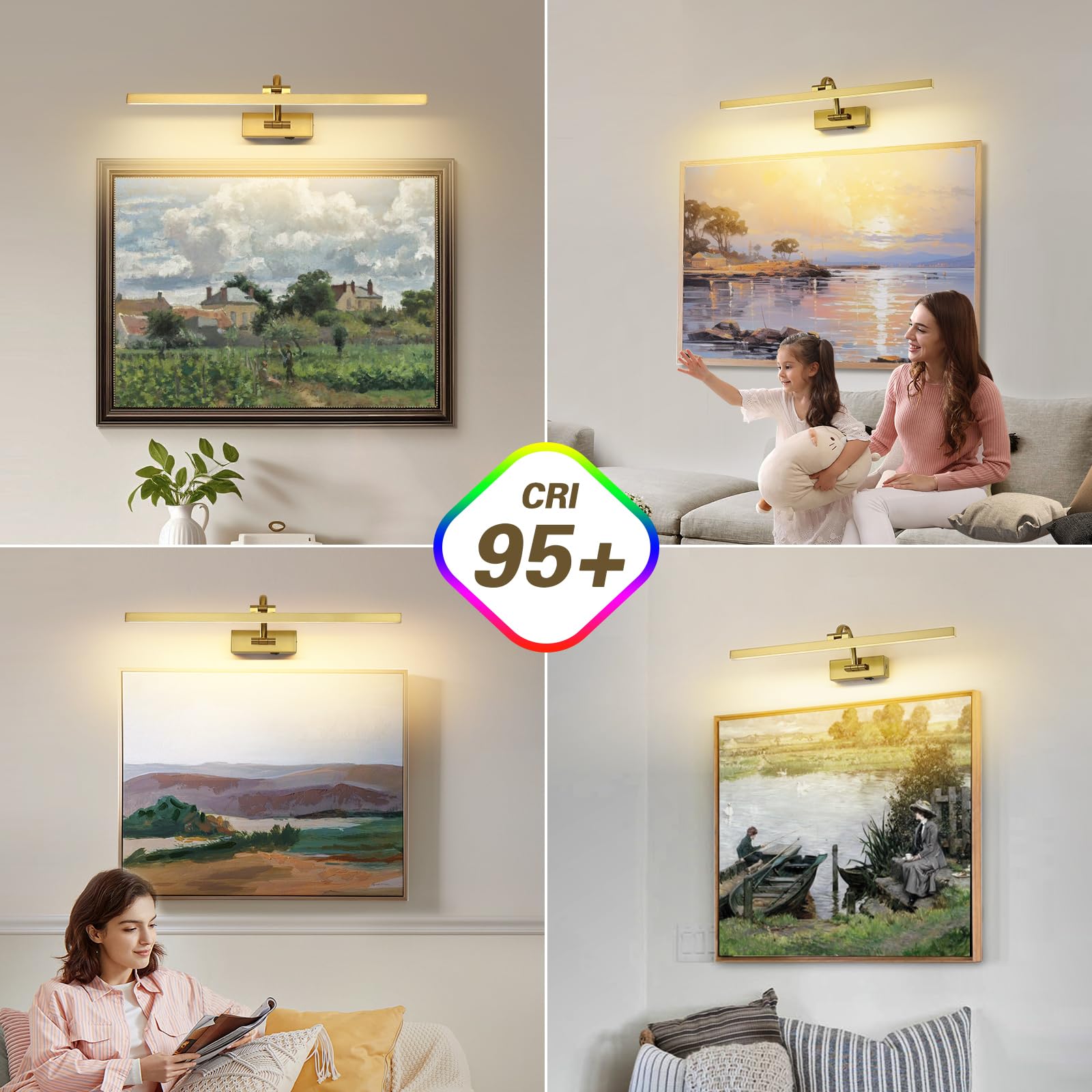 Lampes murales sans fil à piles, éclairage d'art en laiton pour peintures, lumières de galerie rechargeables avec télécommande et minuterie, lumières de peinture à intensité variable 3CCT pour œuvres