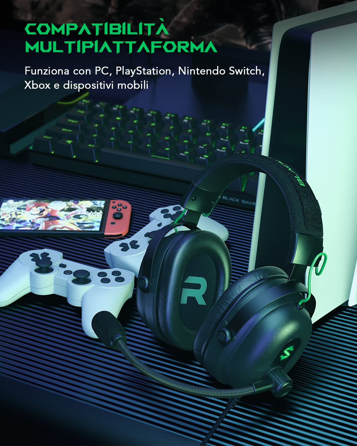 Black Shark Cuffie Gaming con Microfono Cardioide che Elimina i Rumori, Cuffie da Gaming per PC, PS4, PS5, Xbox, Switch, Driver Dinamici 50mm, Over-ear Cuffie con Microfono e Luce LED
