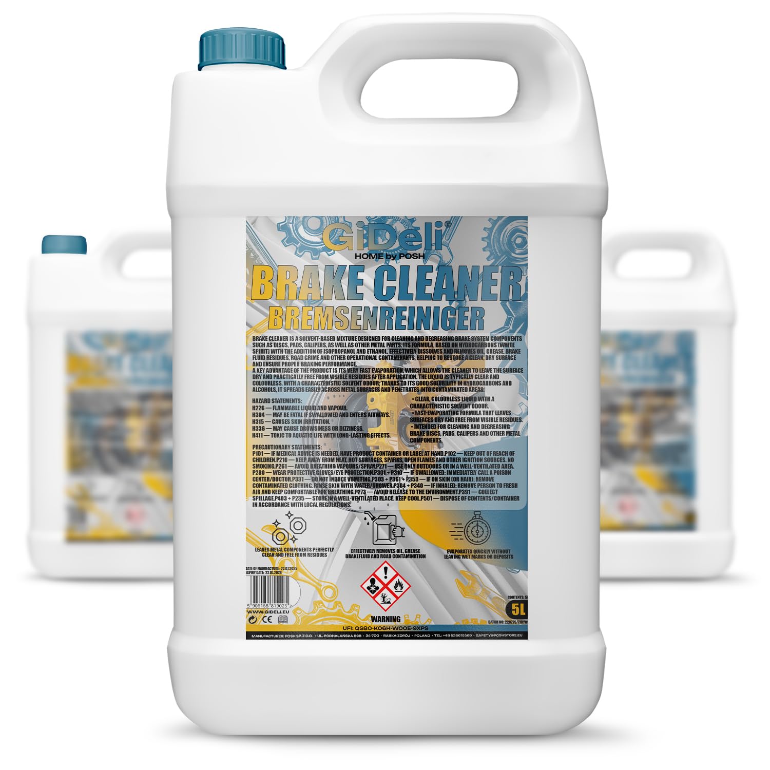 GiDeli Detergente per freni, 3 taniche da 5 l, per auto, moto e bicicletta, rimuove olio, grasso, polvere dei freni, residui di colla, sgrassante da officina, asciugatura rapida, senza lasciare
