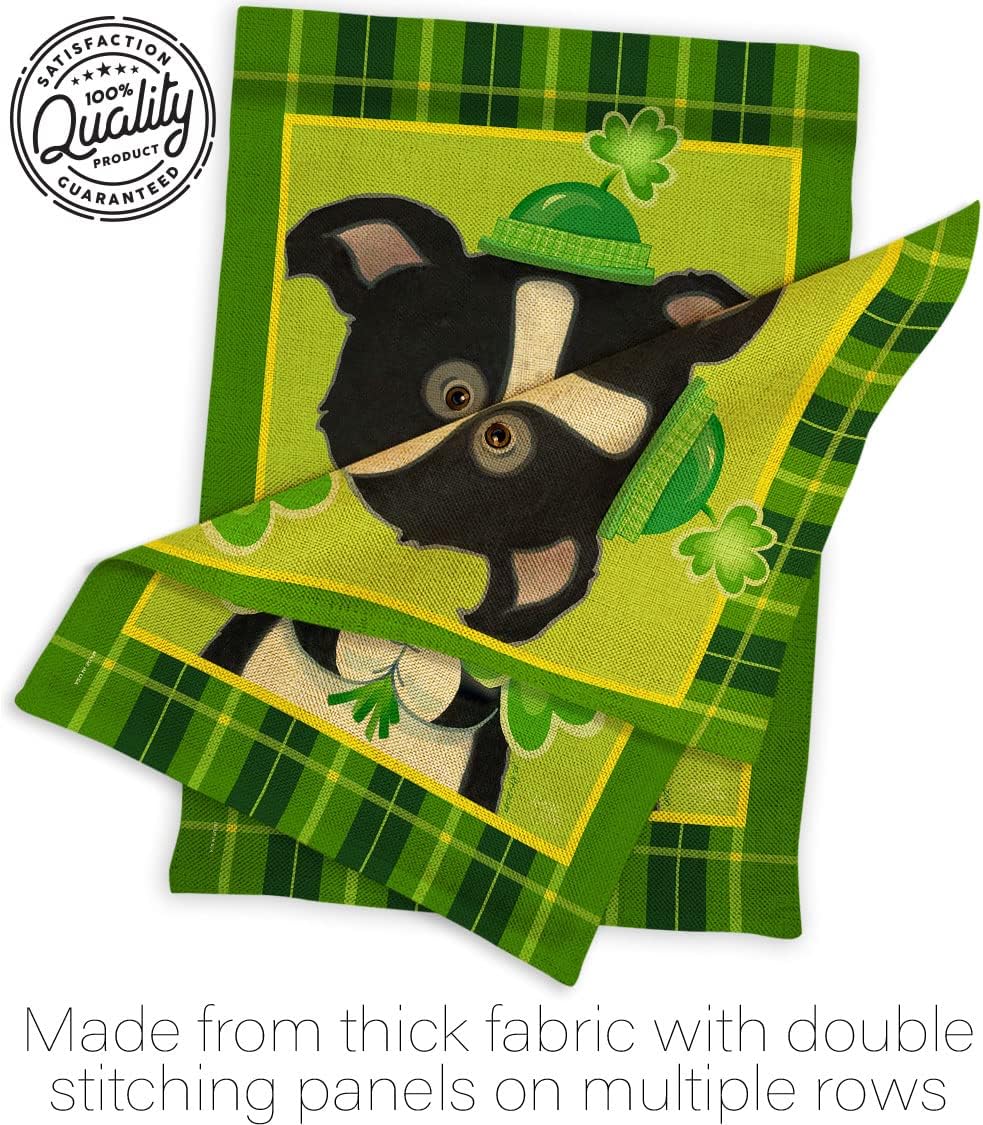 St. Pat's Puppy Garden Flag - Set with Stand Spring St Patrick Shamrock Leprechaun Lucky Coin Holiday March Irish Clover - House Decoration Banner Small Yard Gift Double-Sided Made In USA 13 X 18.5