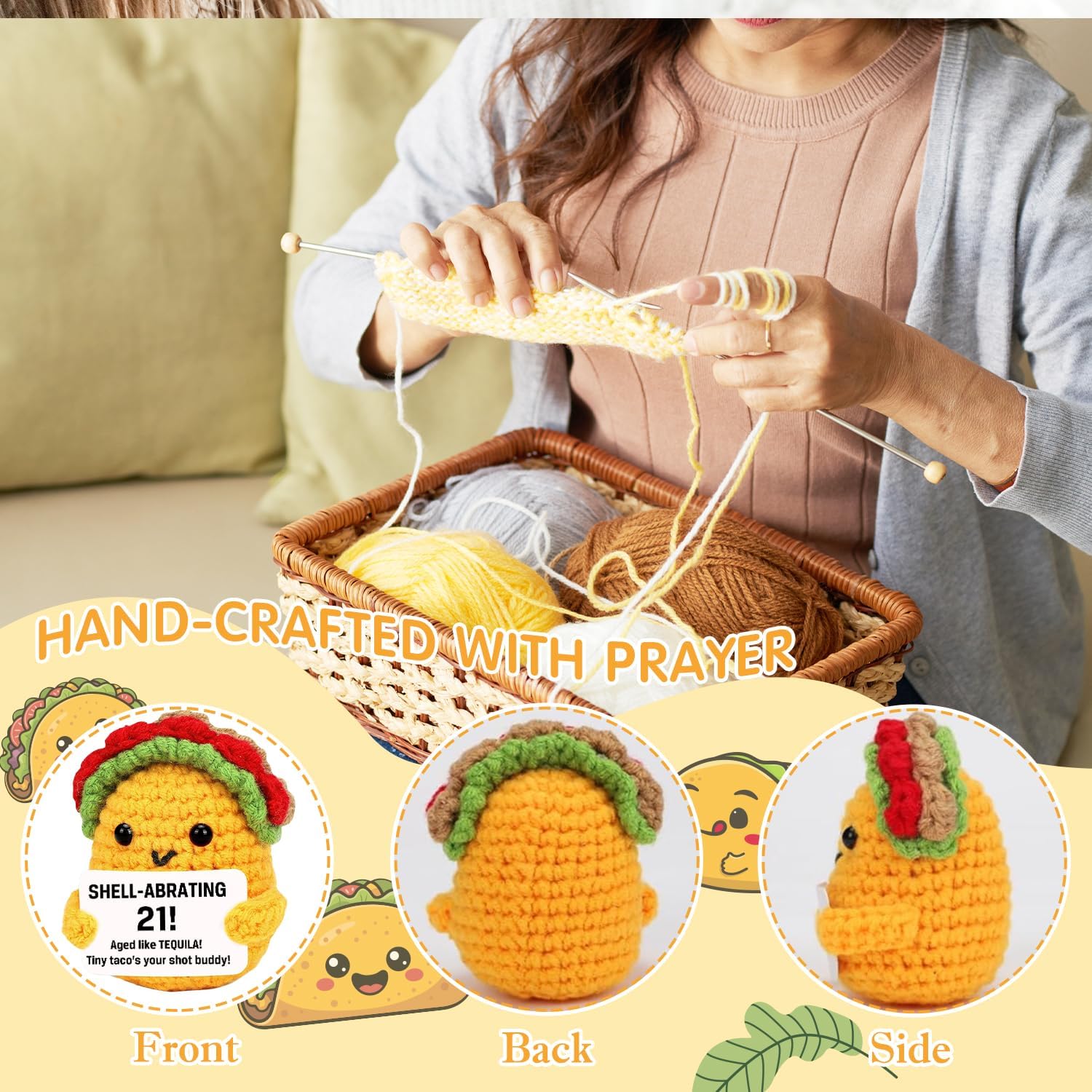 21st Birthday Gifts Taco Doll for Woman Man, Happy 21th Crochet Plush Gifts from Friends, Funny Taco Doll with Card, Sweet Birthday Party Decorations Present, Handmade Gift for Daughter - Image 3