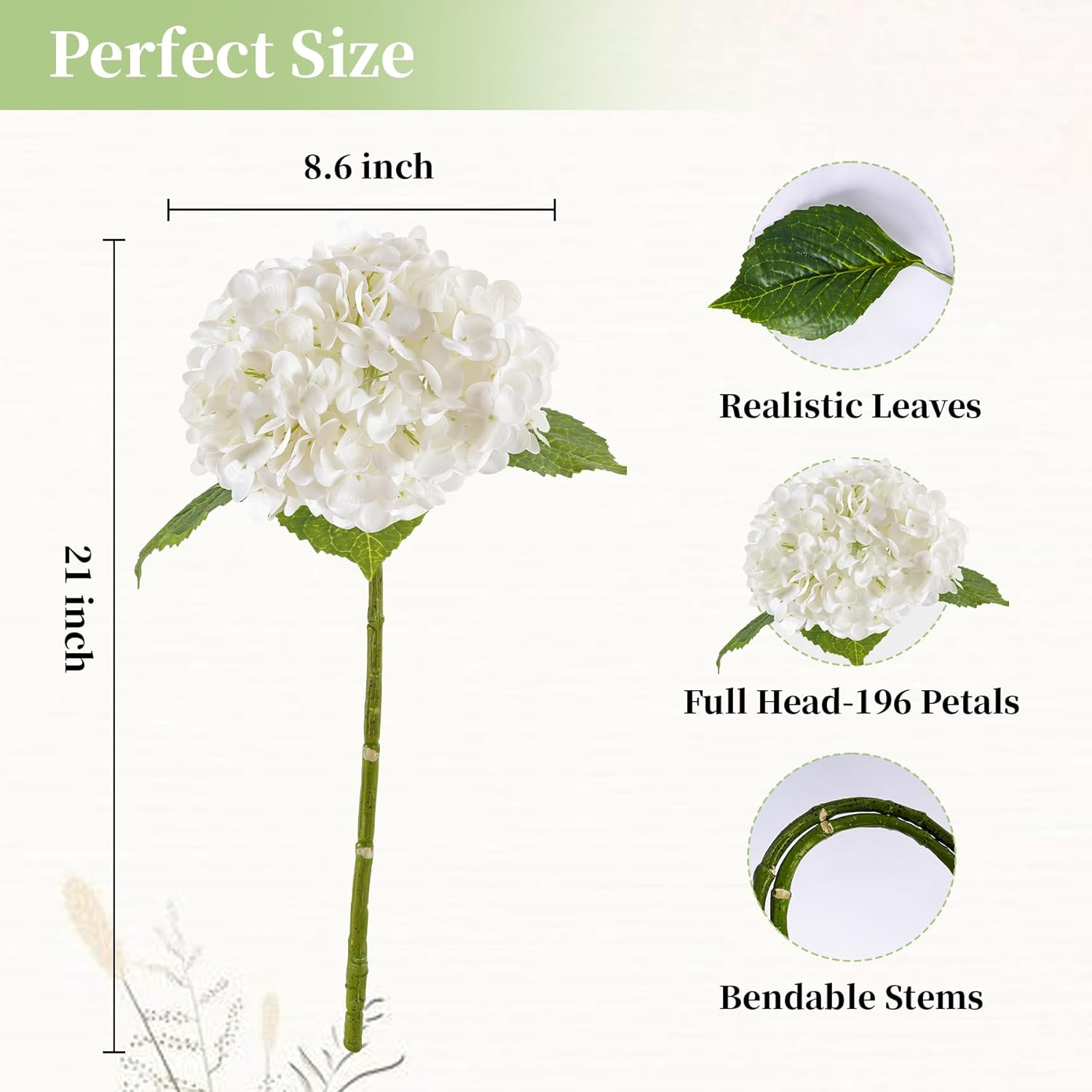 3 Pcs White Hydrangea Artificial Flowers 21" Realistic Latex Faux Hydrangeas Flowers Real Touch Full Heads, Lifelike Long Stem & Leaves for Wedding Outdoor Table Centerpieces Home Party Decoration - Image 5