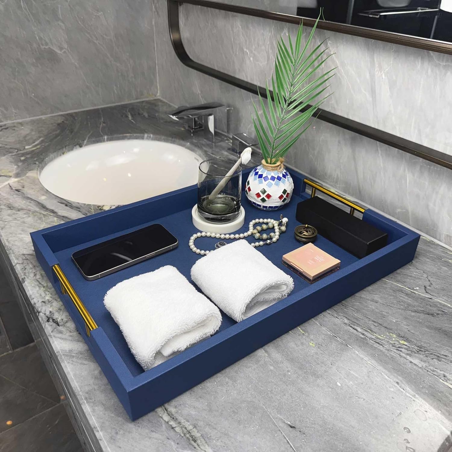 14x20 Inches Blue Faux Leather Wrapped Wood Serving Tray with Metal Handles for Various Occasions, Ottoman, Home Decor Decorative, Living Room, Coffee Table Organizer, Serving Breakfast On Bed - Image 6