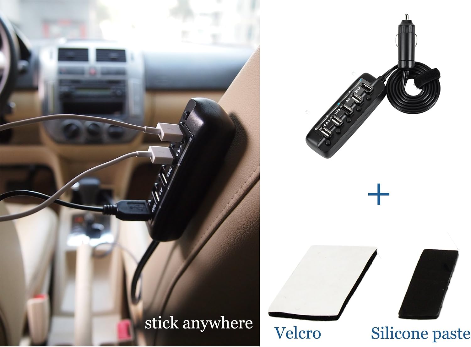 Saicoo® 8A/40W 5 USB high output car charger - including 33"Cable Length, separate ON/OFF Switch with LED indicators for each port, silicone paste and velcro for mounting. Charge iPhone 6 Plus, 5S, 5C, 5;iPad Air, mini; Samsung Galaxy S5,4,3,Note 4 3 2 Egde; HTC and More - black (3 Apple + 2 Non-Apple ports)