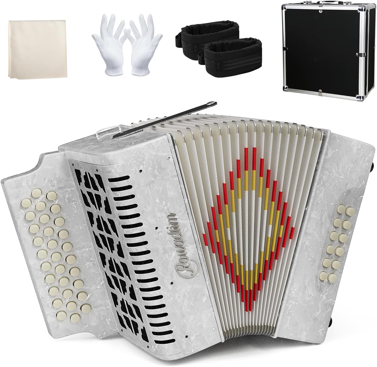 Accordion 31 Keys 12 Bass Diatonic Portable with Case (White)