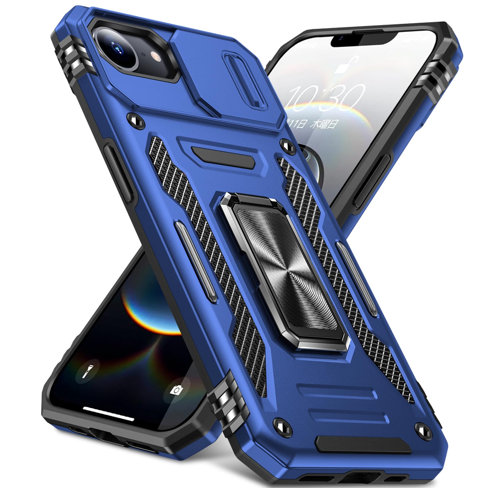 PNEWQNE iPhone 17e/16e 用ケース リング付き 衝撃吸収 耐衝撃 スタンド機能 米軍MIL規格 アイフォン 17e/16e 用ケース 全面保護 360°回転 滑り落ちにくい 人気 おしゃれ 携帯カバー 青 WY95-160