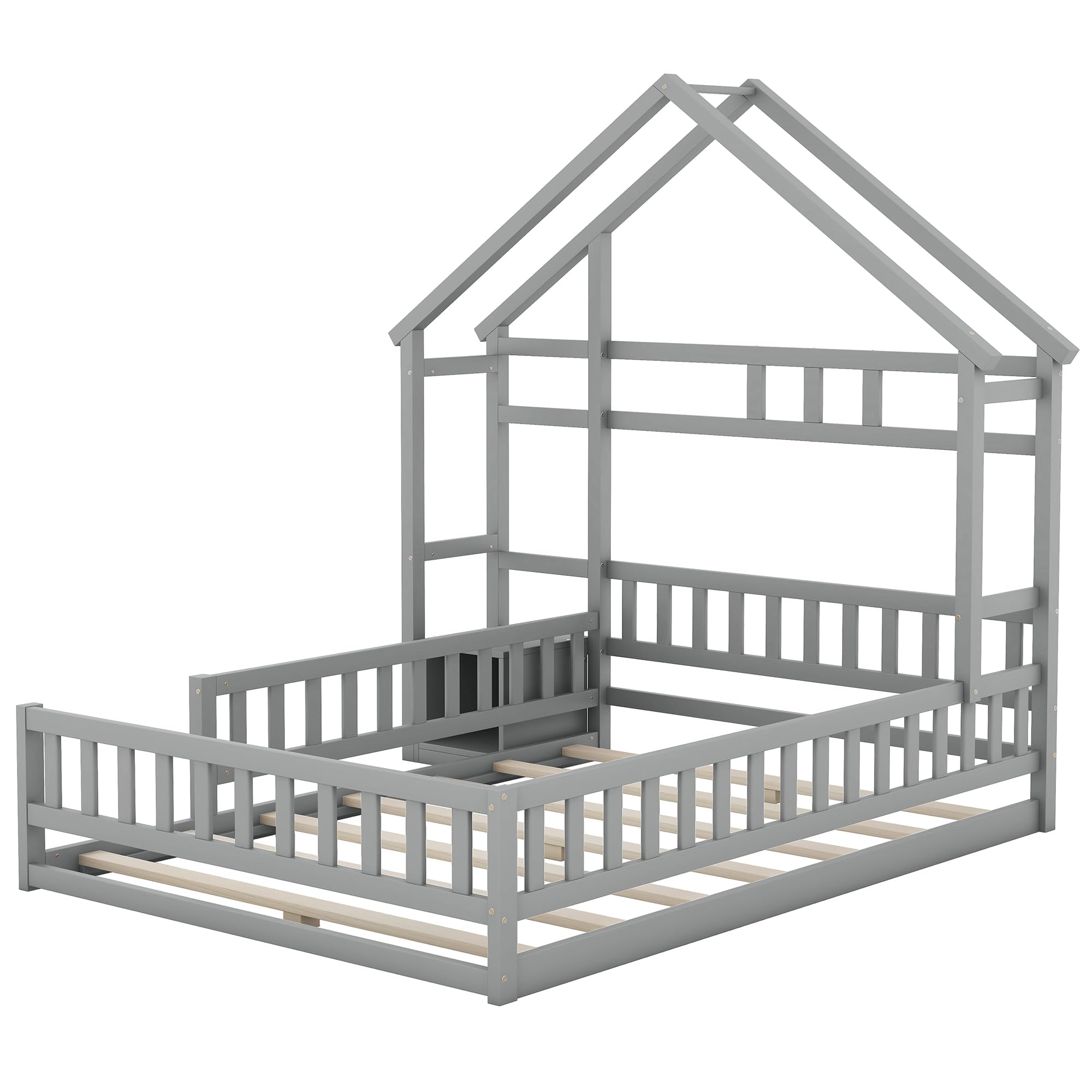 Dolamaní Bodenbett 140x200 cm Kinder mit Rausfallschutz -Montessori Kinderbett für Jungen & Mädchen, mit Nachttisch & Dekorative Haushalterung (Grau)