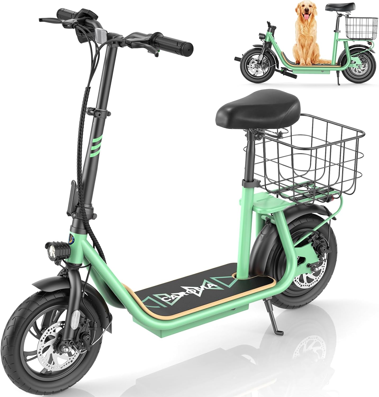 Caroma Electric Scooter with Seat, Max 30 Miles Range&20MPH Speed, Peak 800/1200W Motor, Foldable Electric Scooter for Adults and Teens, Commuter E Scooter with Basket&Adjustable Kid Seat