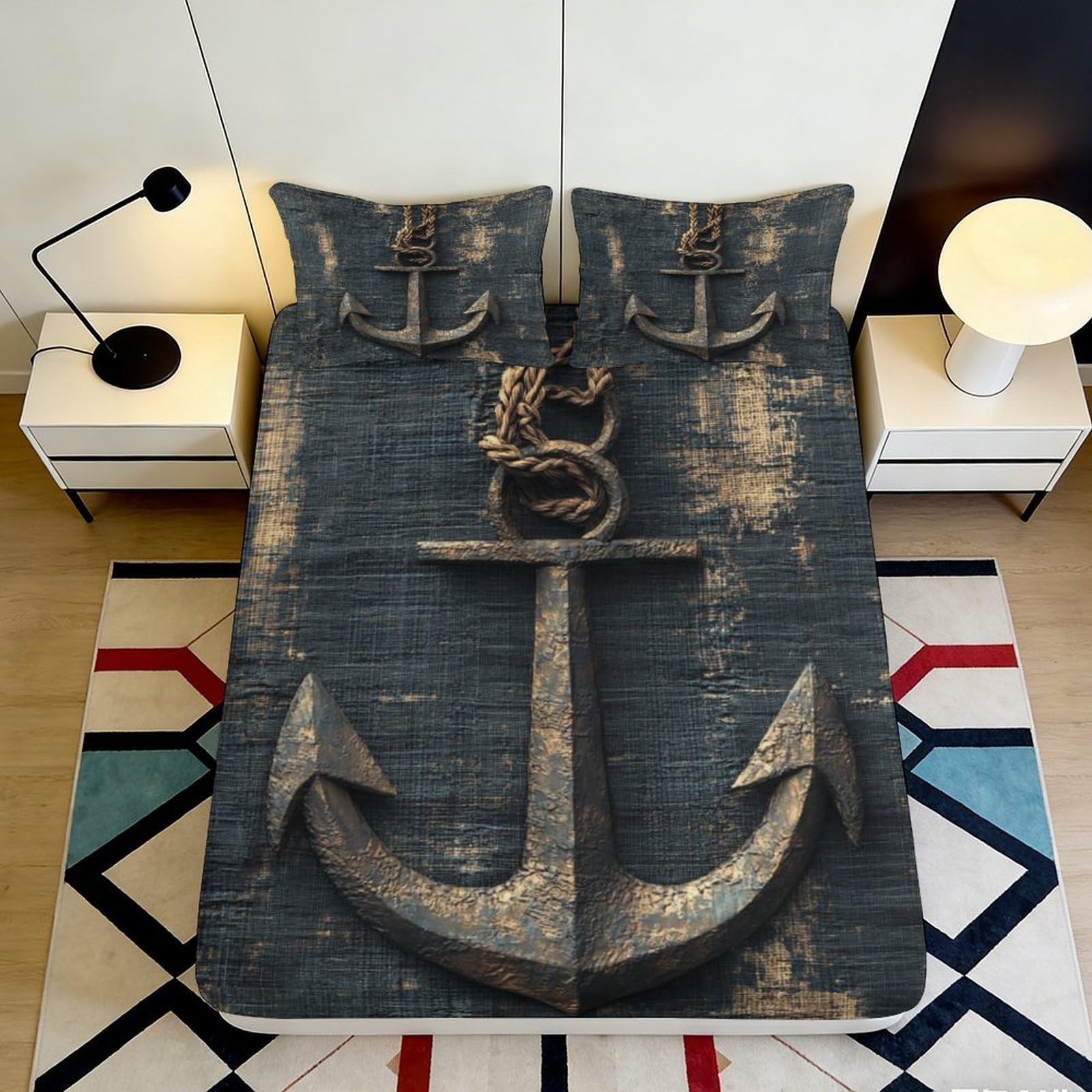 3D Printed Anchor Pattern Fitted Sheet Microfiber Soft Durable Nautical Rope Bed Cover for Bedroom Dormitory Guest Room Mattress Protection 180x200x25cm