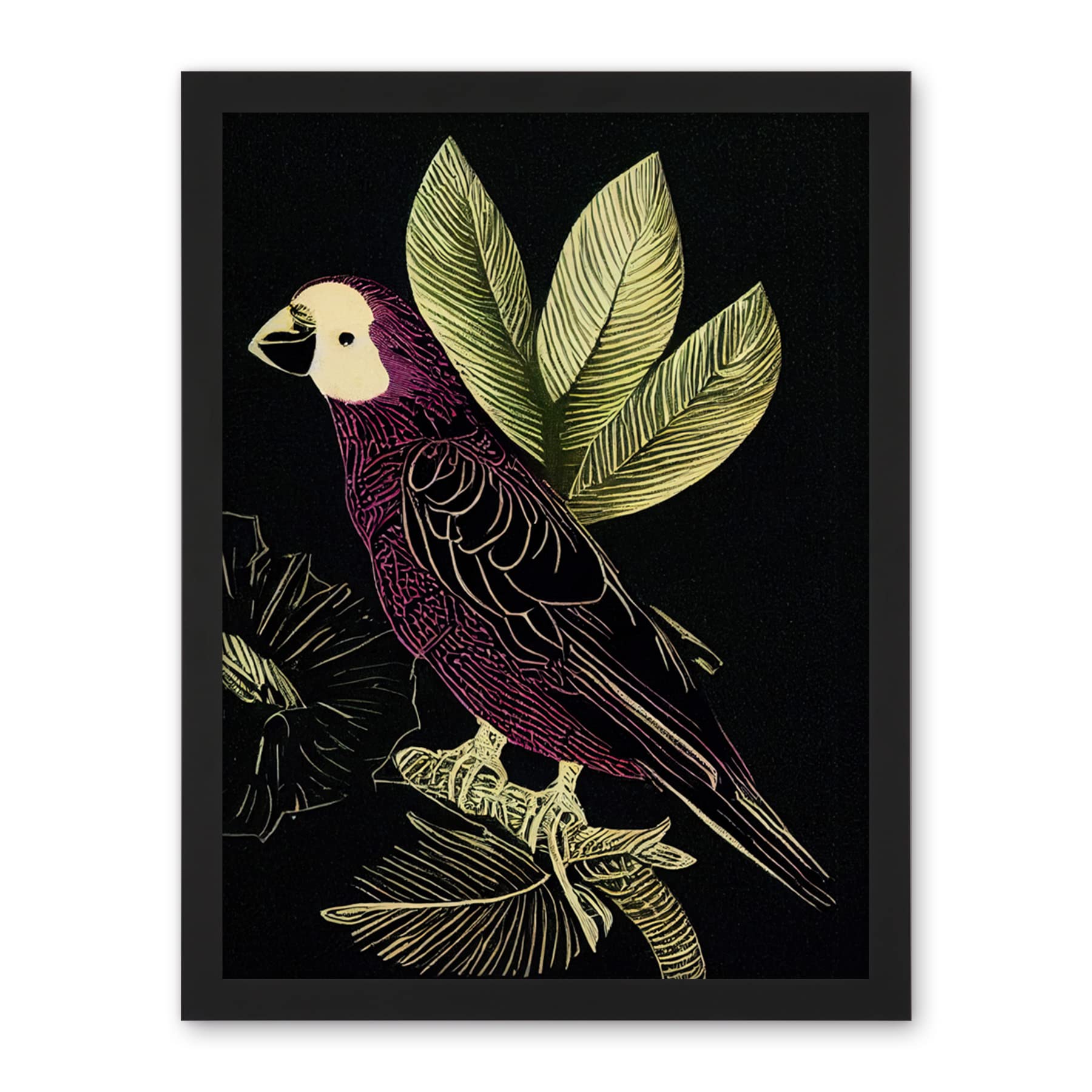 Wee Blue Coo Burgundy Parrot Leaves Tree Branch on Black Vintage Linocut Illustration Artwork Framed Wall Art Print 18X24 Inch