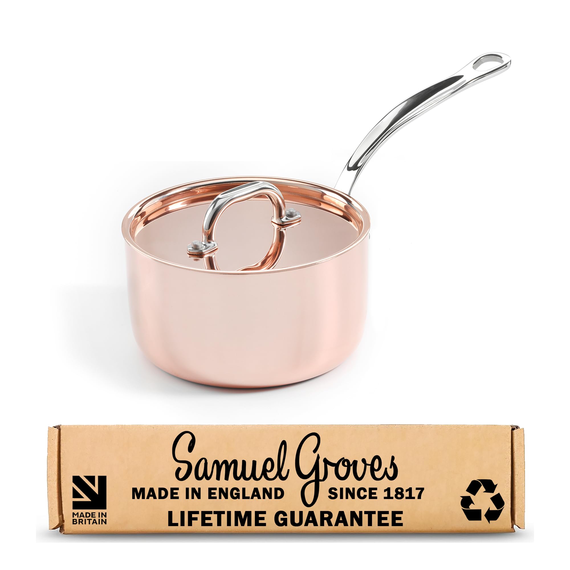 Samuel Groves 16cm Copper & Stainless Steel Saucepan with Lid, Tri-Ply Induction Sauce Pan, Oven Safe Professional Cookware, Uncoated Metal Pan for Gas, Electric & Ceramic Hobs, Made in England