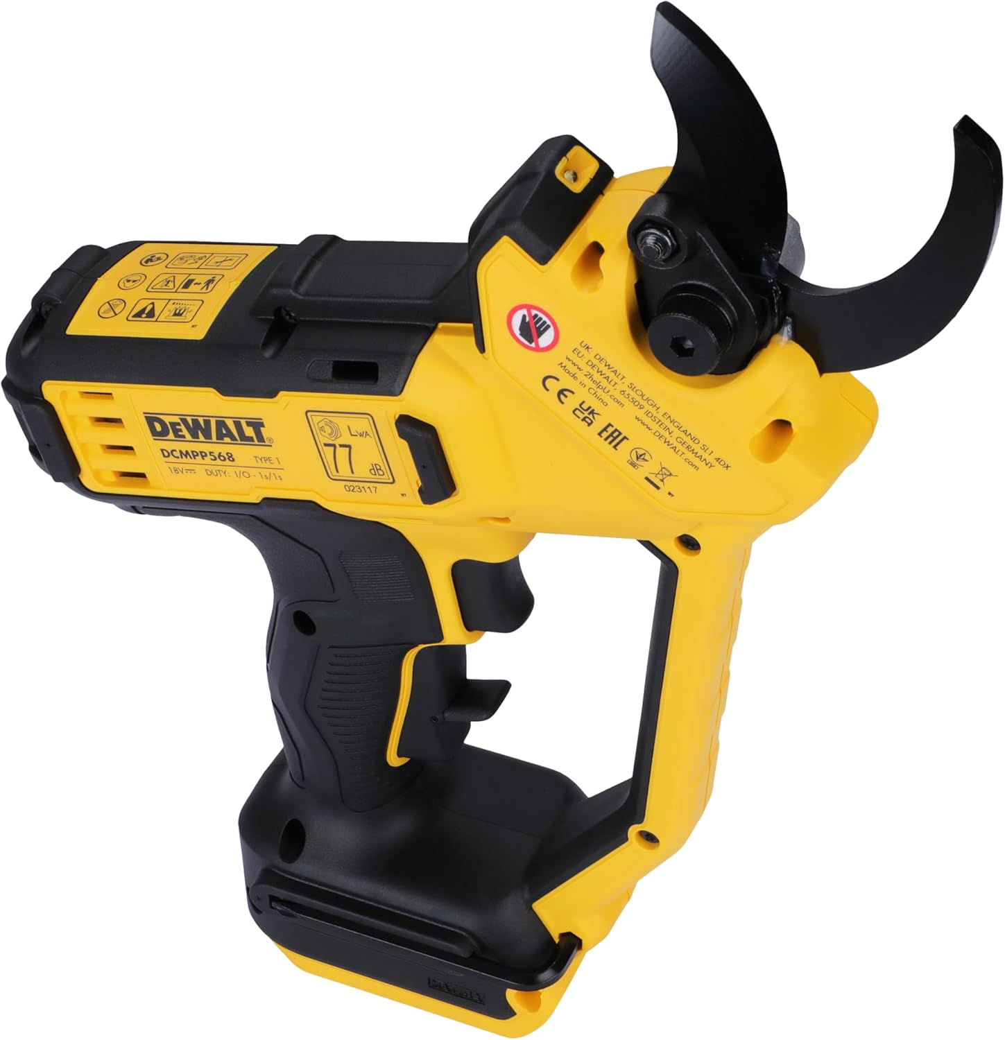 Close-up of the DEWALT Hand Pruner's trigger switch and safety lock-off button.