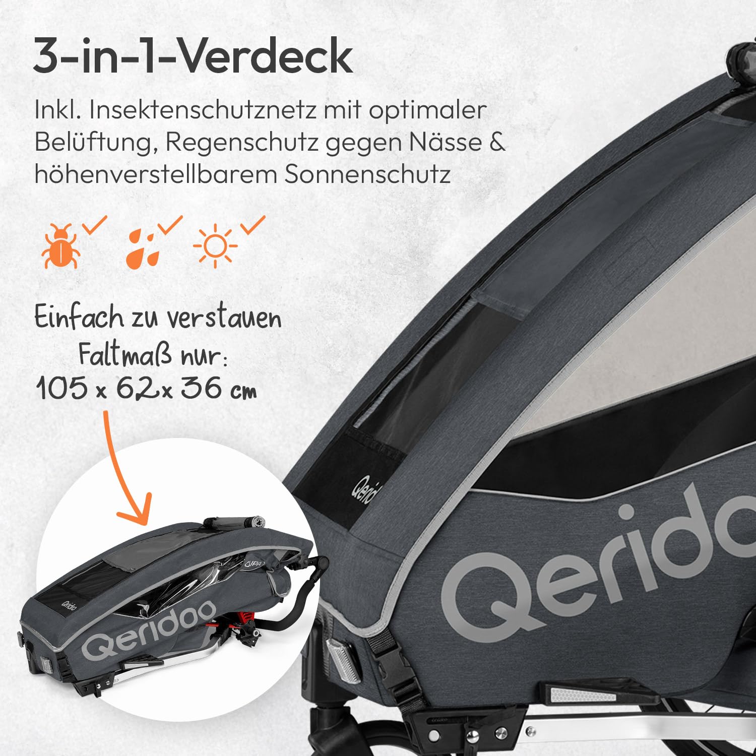 Remorques de vélo de Marque QERIDOO Modèle Kinderfahrradanhänger & Buggy QUPA 1 für 1 Kind mit Kupplung, Blattfeder-Dämpfsystem (BIS 50 kg) - Gris