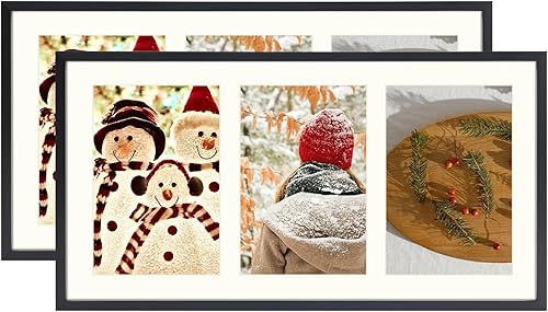 AUEAR, Marco de metal de 7 x 14 pulgadas para tres fotos de 4 x 6 pulgadas, aluminio, paspartú marfil de 3 aperturas, montaje en pared para retrato