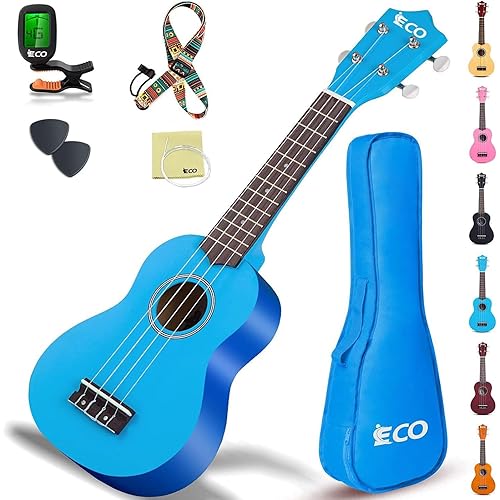 iECO Soprano Ukulele Beginner Kit for Kids Adults 21 Inch Ukelele w/Case Strap Tuner Strings Picks (Blue)