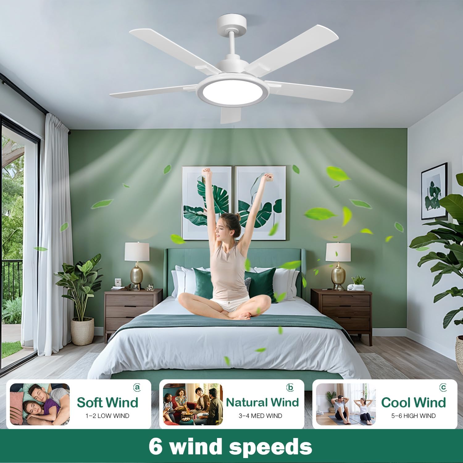 Diagram illustrating 6 wind speeds: Soft Wind (1-2), Natural Wind (3-4), Cool Wind (5-6), with corresponding images of people relaxing or exercising.
