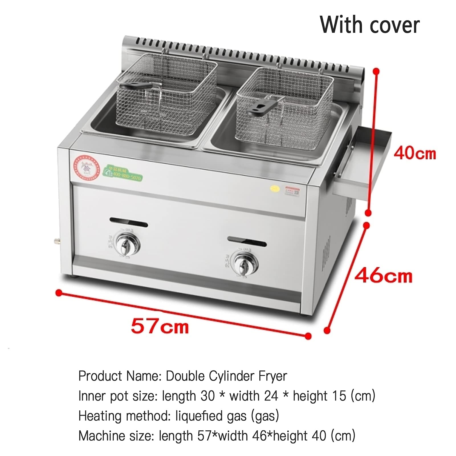 Freidora a Gas, freidora Comercial de GLP de Acero Inoxidable de 12 litros con Tapa para Patatas Fritas, donas, Pescado, Chimenea extraíble fácil de Limpiar