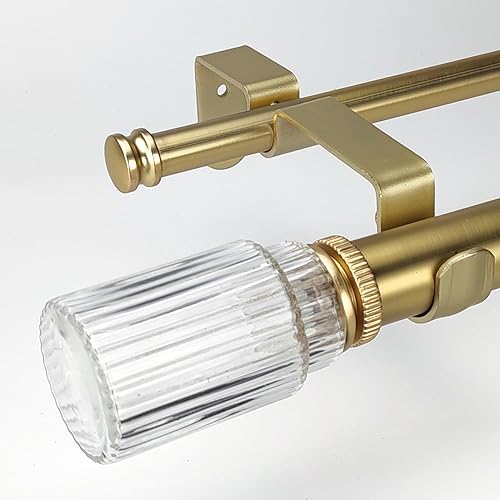 Miniatura 2 de ILAISIHOME Barras de cortina doradas de 1-18 pulgadas de diámetro con remate de vidrio acanalado, barras de cortina dobles telescópicas de 72-144