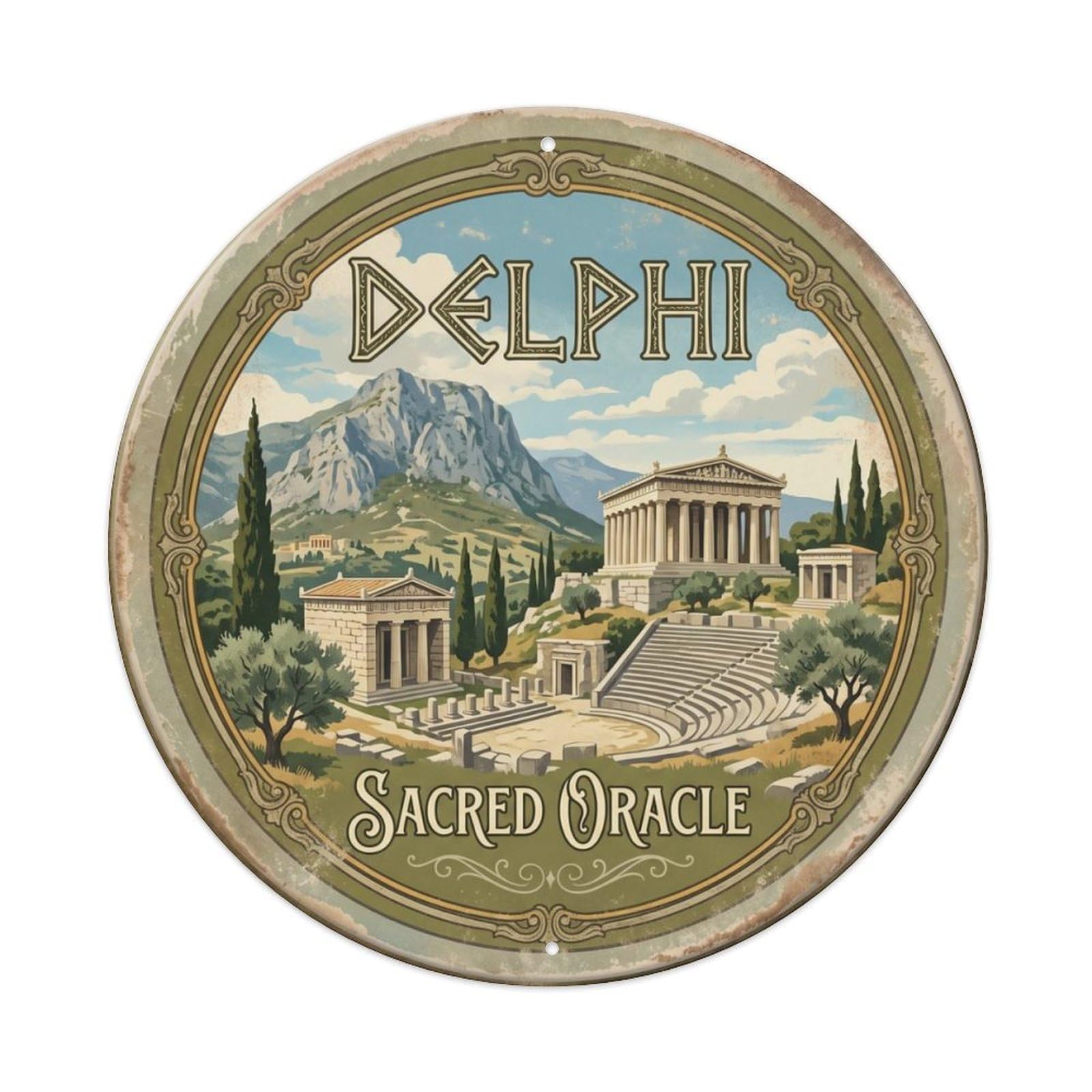 Vintage Travel Delphi Oracle Sanctuary Metal Tin Sign Plaque Wall Decor for Cafe, Club, Garden Round Metal Poster 8x8Inch